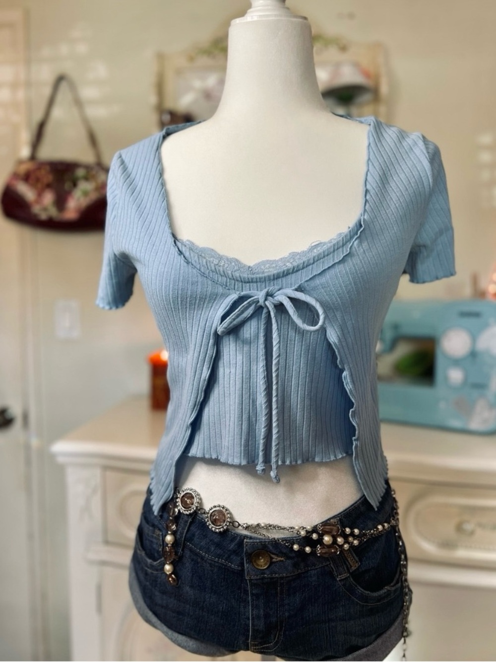 Ribbed Lace-Trim Tie-Front Crop Top — Light Blue
